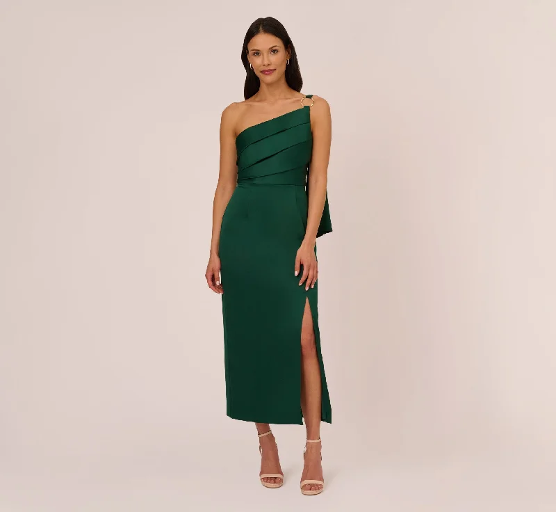 Maxi Women Dress with Floral Print for a Bohemian VibeSatin Crepe One Shoulder Gown With Metal Ring Accent In Deep Forest