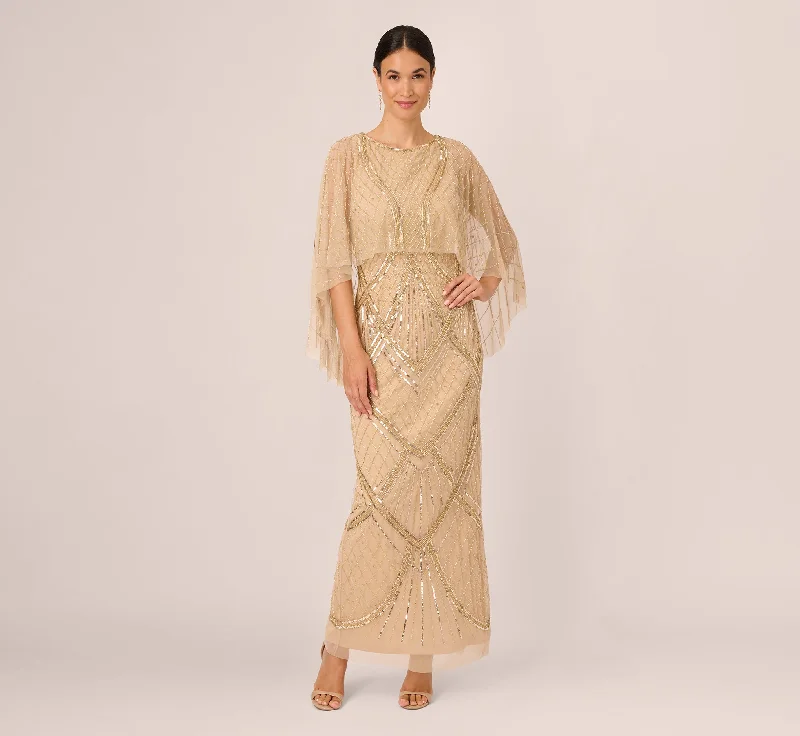 Mini Women Dress with a Short Hem for a Young and Trendy StyleScallop Beaded Cape Column Gown In Gold