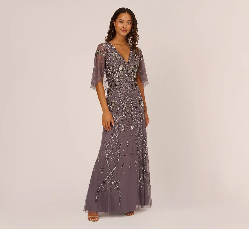 Pleated Women Dress with a Timeless and Elegant TextureSequin Beaded Gown With Sheer Cape Sleeves In Moonscape