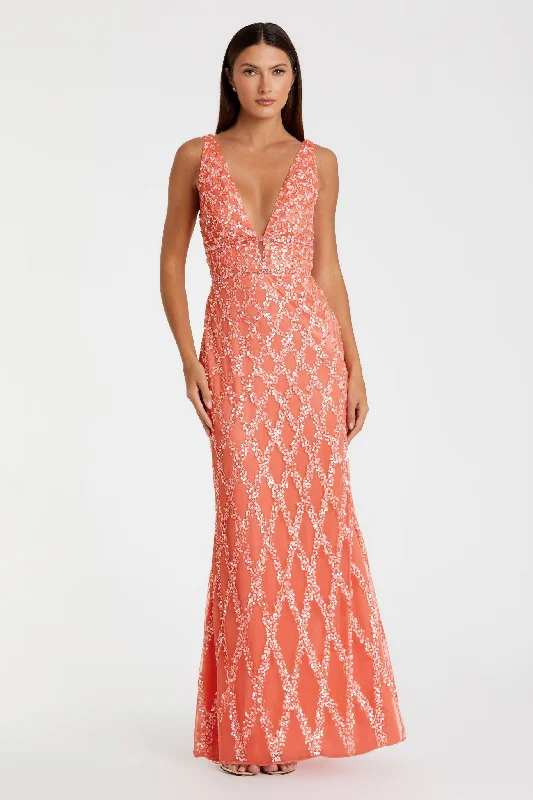 Plus Size Women Dress with a Flattering A - Line Cut for Comfort and StylePink Sequined Plunge Neck Sleeveless Column Gown