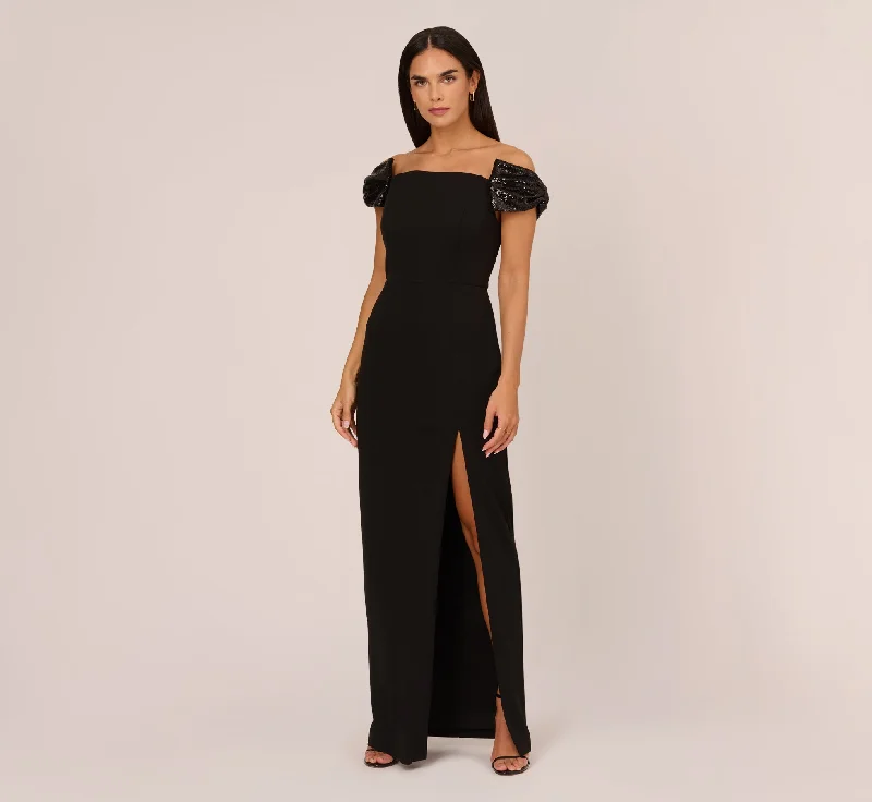 Long - Sleeve Women Dress in Velvet for a Luxurious Winter LookStretch Crepe Off The Shoulder Gown With Sequin Bows In Black