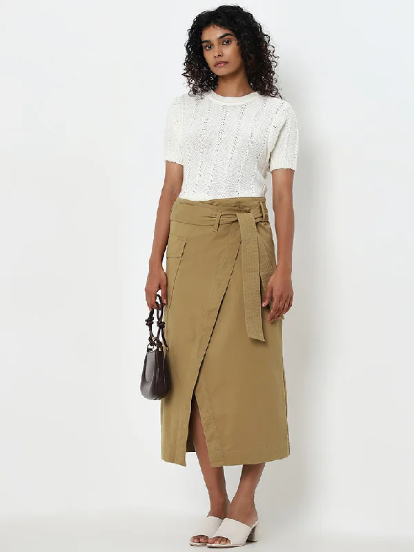 Stretchable Women Shorts for Maximum MobilityLOV Dark Beige Asymmetrical High-Rise Skirt with Belt