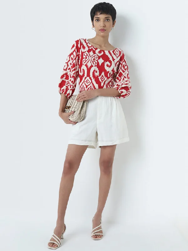 Patterned Geometric Women Shorts for a Modern AppealLOV Off-White Linen-Blend High-Rise Blended Linen Shorts