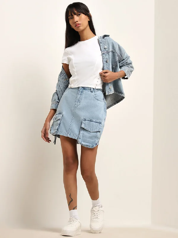 Twill Women Shorts with a Smooth Texture and DurabilityNuon Light Blue Cargo-Style High-Rise Denim Skirt