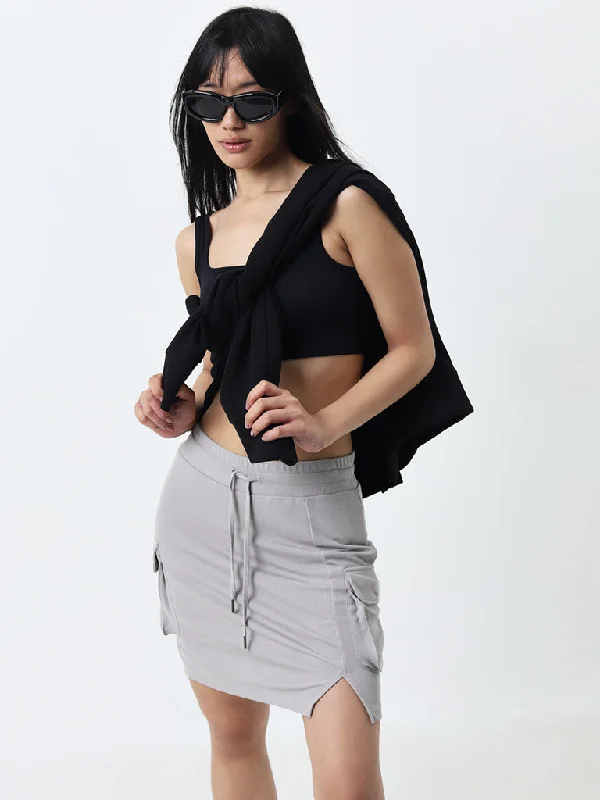 Tie - Waist Women Shorts for a Customizable FitStudiofit Grey Ribbed High-Rise Skirt