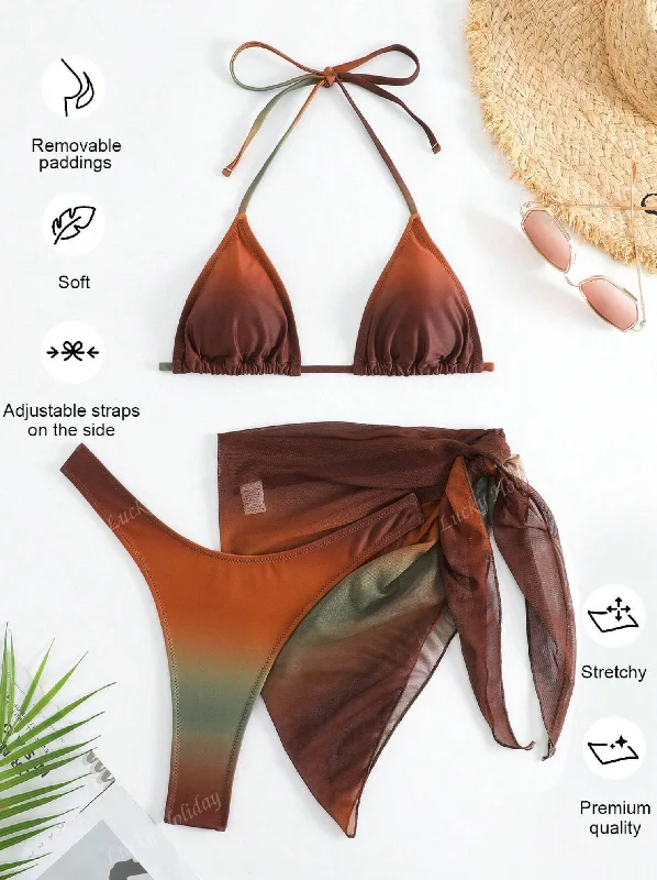 Convertible bikini that can be worn in multiple styles for versatility3 Pack Chocolate Ombre Triangle Bikini & Wrap