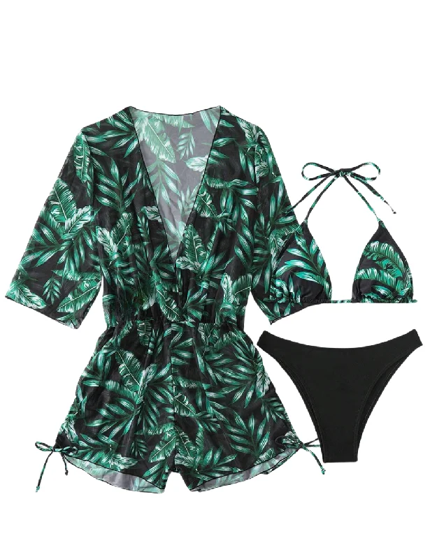 Push - up bikini top to enhance the bust for a confident beach appearance3 Pack My Tropical Triangle Bikini & Romper