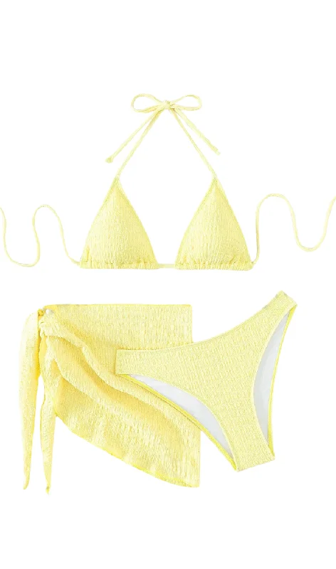 Tropical - themed bikini for a vacation - ready beach outfit3 Pack Yellow Textured Bikini & Wrap Set