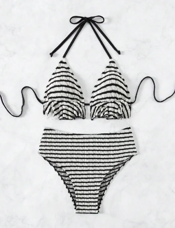 Lace - trimmed bikini for an elegant and romantic touchB/W Stripe Textured Frill Triangle Bikini Set