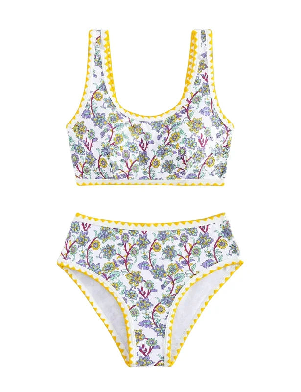 Tie - side bikini bottoms for an adjustable and stylish fitPaisley Yellow Whipstitch Bikini Set