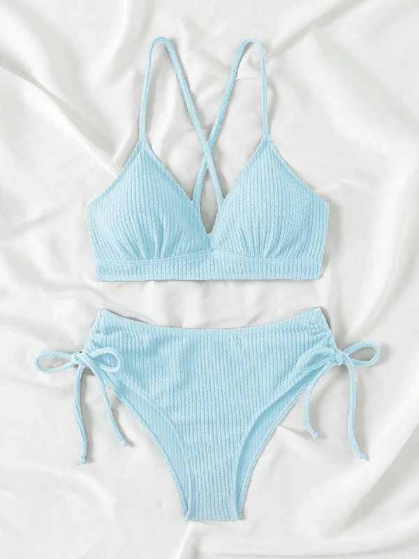 Metallic - finish bikini for a glamorous and eye - catching poolside lookRibbed Lace It Up Bikini Set