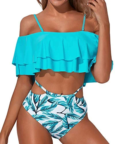 High - waisted bikini for a retro and tummy - flattering lookFashionable Two Piece Bathing Suit For Women Tummy Control Bottoms-Light Blue Green Leaves