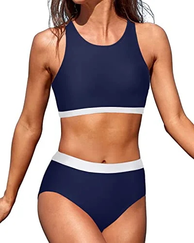 Push - up bikini top to enhance the bust for a confident beach appearanceRemovable Padded Bra Bikini Set 2 Piece Bathing Suits For Teen Girls-Navy Blue And White