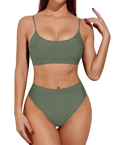 Tropical - themed bikini for a vacation - ready beach outfitHigh Cut Cheeky Two Piece High Waisted Bikini-Army Green