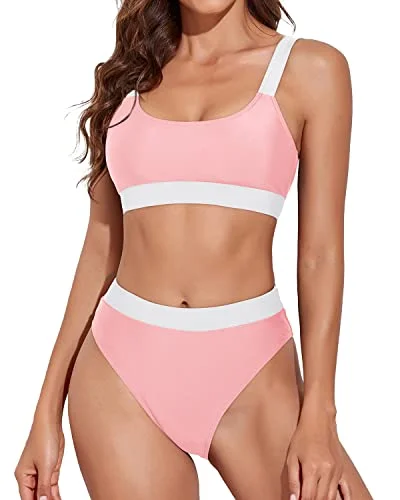 Long - line bikini top for added support and a fashionable lookWomen Removable Padded Bra Swimsuits Sporty Scoop Neck Bikini-Pink White