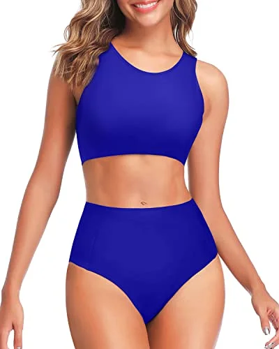 Tie - side bikini bottoms for an adjustable and stylish fitTummy Control Scoop Neck High Waisted Bikini Set-Royal Blue